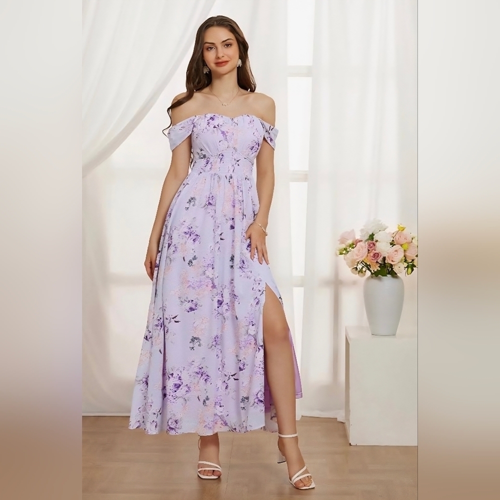 Off-Shoulder Lavender Floral Maxi Dress